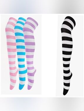 Striped Over-the-Knee Socks - Pastel Pink, Blue, Lavender & Black Set Of 4 NWT